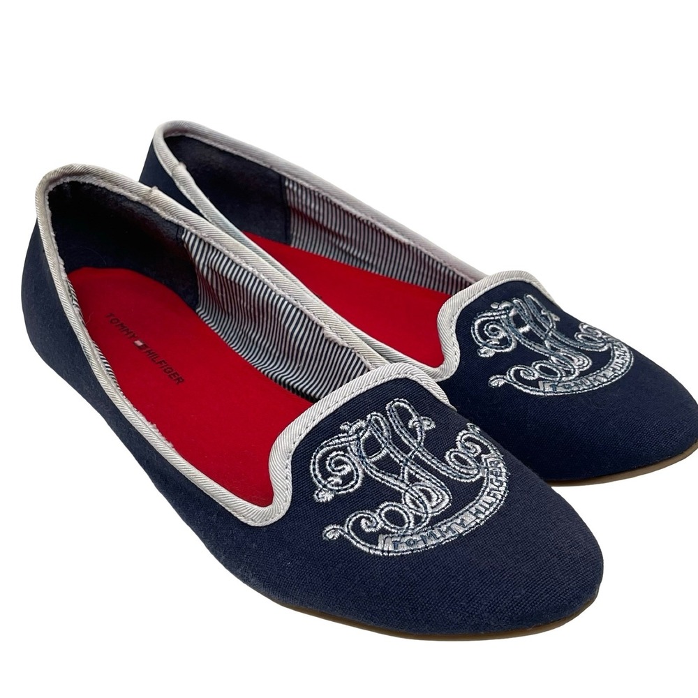Tommy Hilfiger Crest Canvas Flats Women 9.5 Navy Blue Embroidered Loafers Preppy